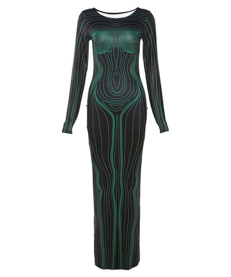 Sculpted Illusion Long Sleeve Maxi Dress - Futuristic Contour Bodycon for Fall