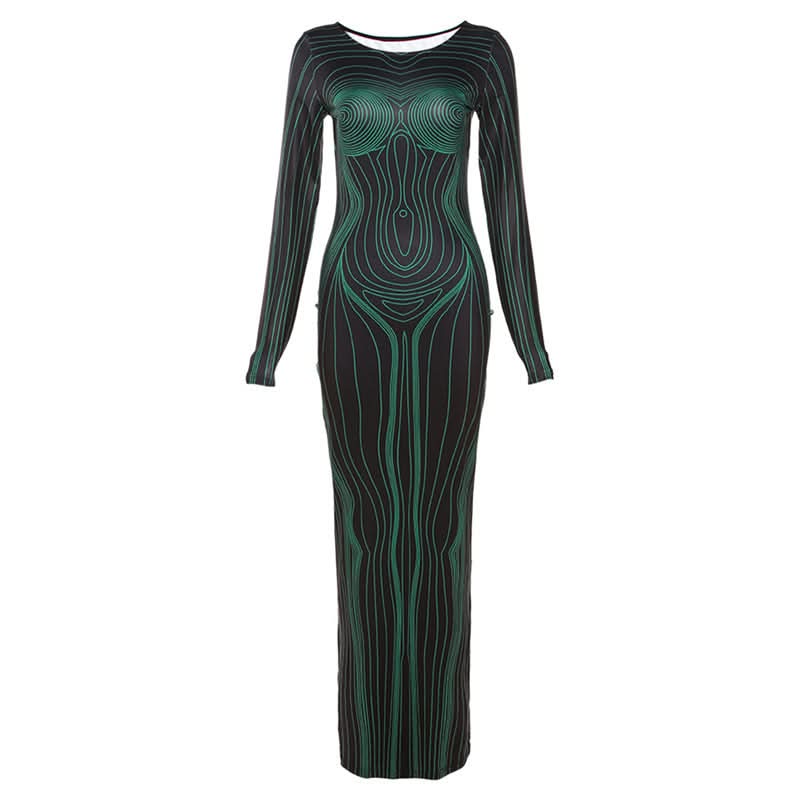 Sculpted Illusion Long Sleeve Maxi Dress - Futuristic Contour Bodycon for Fall