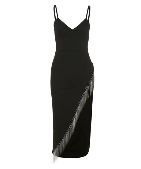 Effortless Glam: Black Fringe V-Neck Midi Dress for Holiday Parties & New Year's Eve