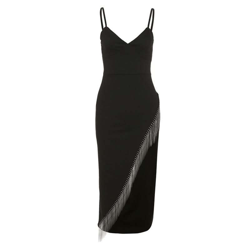 Effortless Glam: Black Fringe V-Neck Midi Dress for Holiday Parties & New Year's Eve