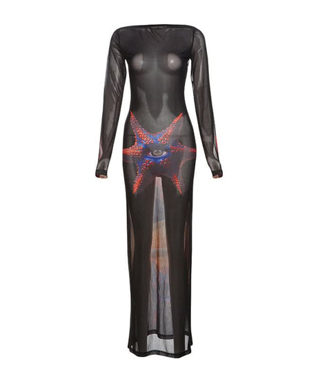 Mystical Eye Starfish Print Sheer Mesh Maxi Dress - Long Sleeve Bodycon for Edgy Fall & Halloween Style