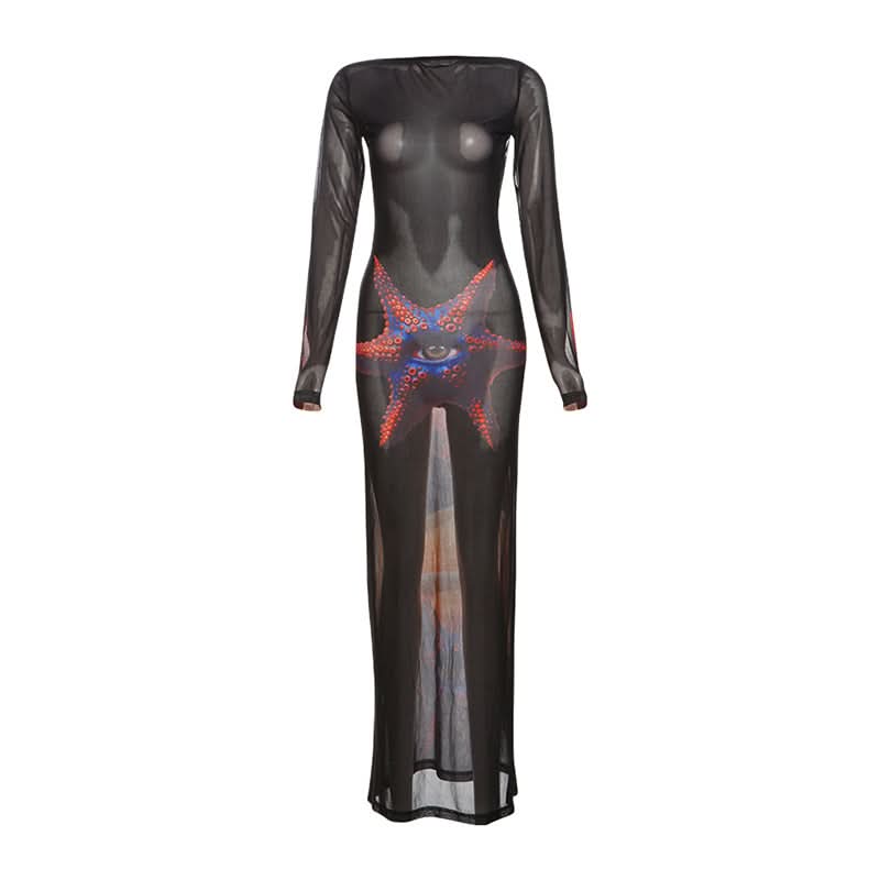 Mystical Eye Starfish Print Sheer Mesh Maxi Dress - Long Sleeve Bodycon for Edgy Fall & Halloween Style
