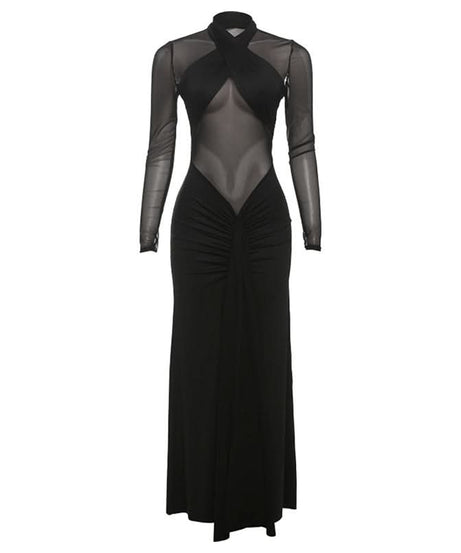 Alluring Black Sheer Mesh Maxi Dress - Elegant Long Sleeve Holiday & Evening Gown