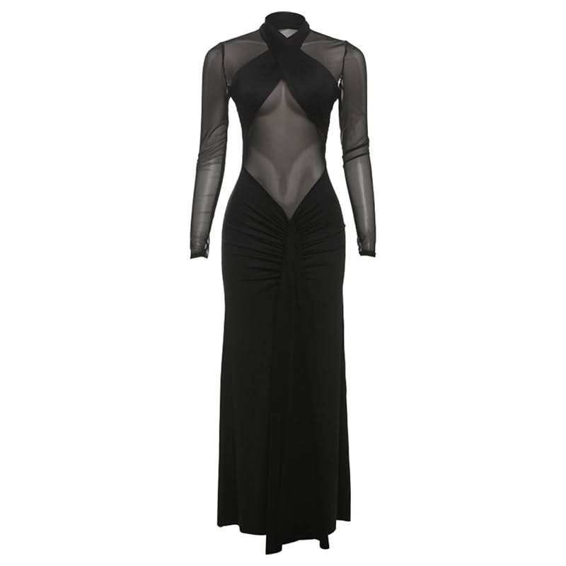 Alluring Black Sheer Mesh Maxi Dress - Elegant Long Sleeve Holiday & Evening Gown