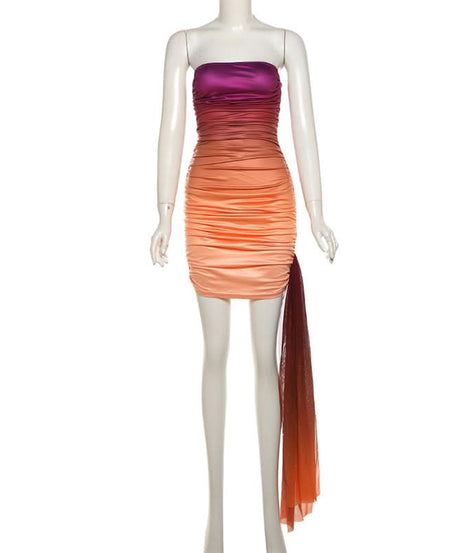 Twilight Ombre Ruched Strapless Mini Dress with Dramatic Drape