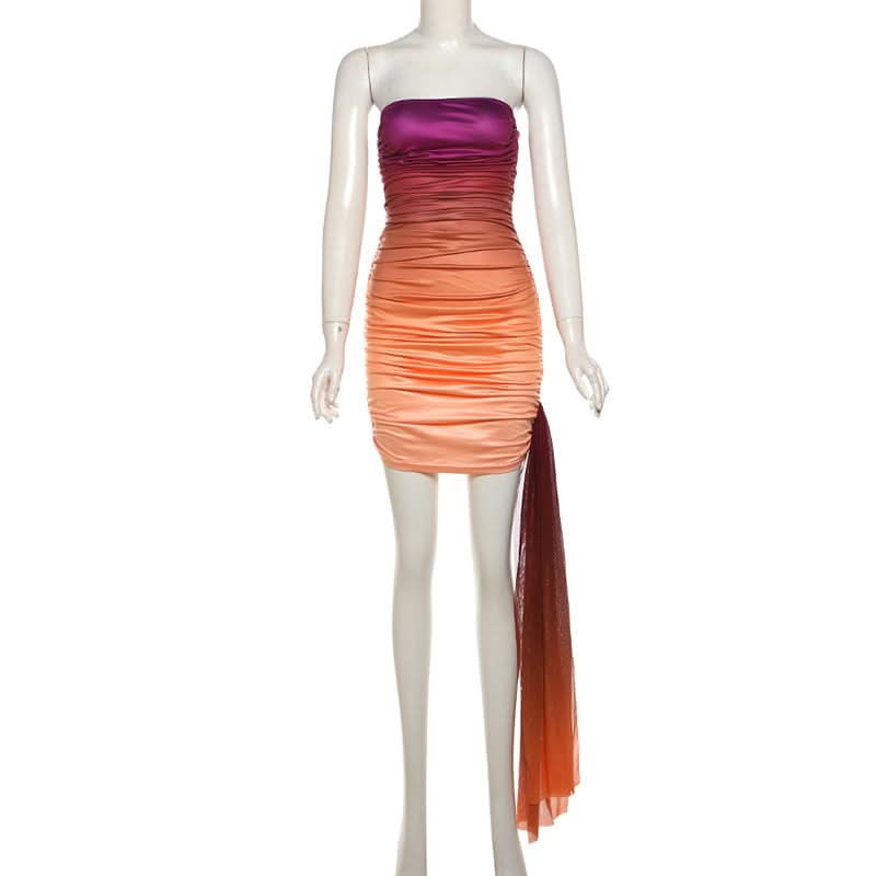 Twilight Ombre Ruched Strapless Mini Dress with Dramatic Drape