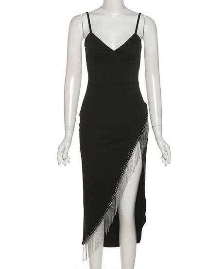 Effortless Glam: Black Fringe V-Neck Midi Dress for Holiday Parties & New Year's Eve