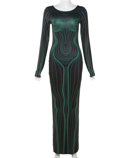 Sculpted Illusion Long Sleeve Maxi Dress - Futuristic Contour Bodycon for Fall