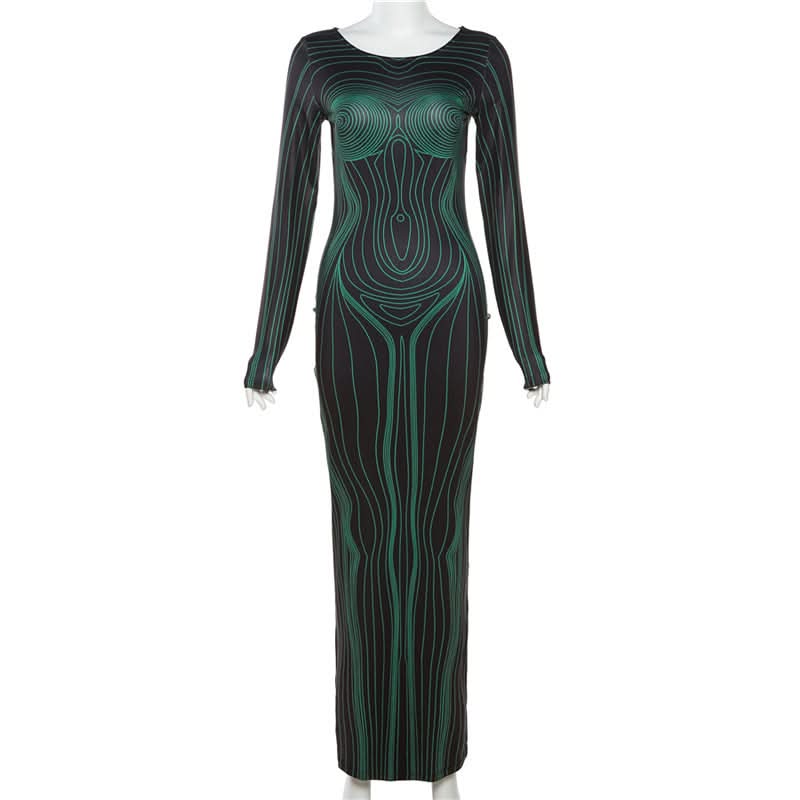 Sculpted Illusion Long Sleeve Maxi Dress - Futuristic Contour Bodycon for Fall
