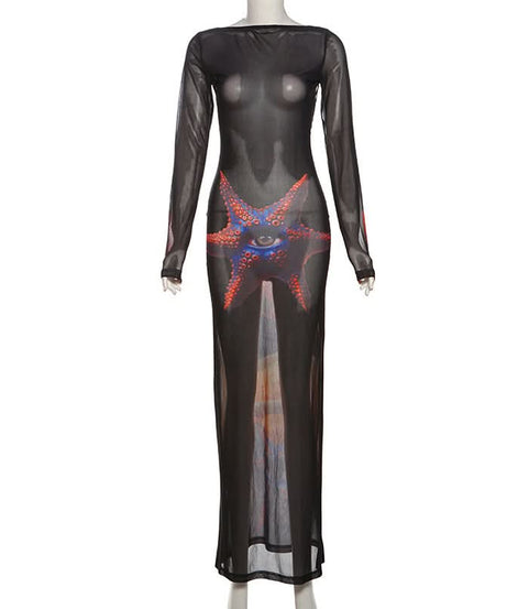 Mystical Eye Starfish Print Sheer Mesh Maxi Dress - Long Sleeve Bodycon for Edgy Fall & Halloween Style