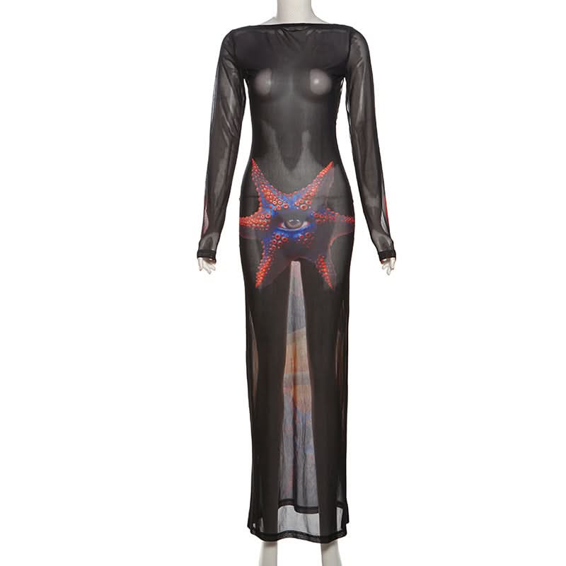 Mystical Eye Starfish Print Sheer Mesh Maxi Dress - Long Sleeve Bodycon for Edgy Fall & Halloween Style