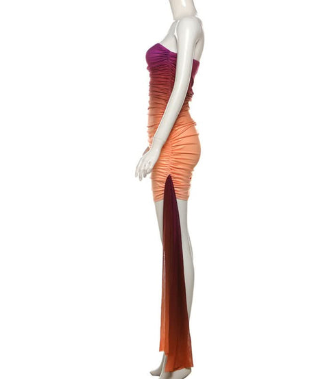 Twilight Ombre Ruched Strapless Mini Dress with Dramatic Drape