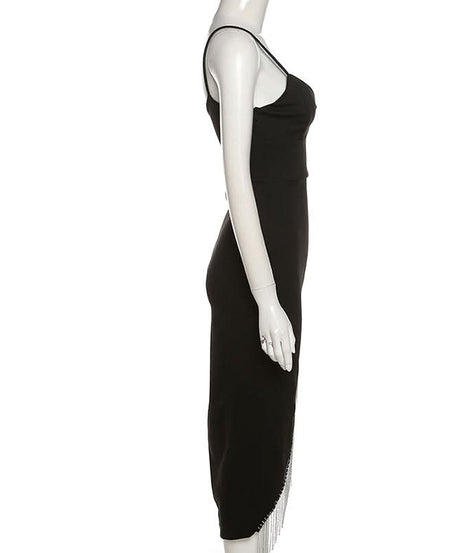 Effortless Glam: Black Fringe V-Neck Midi Dress for Holiday Parties & New Year's Eve