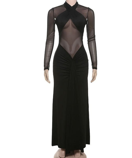 Alluring Black Sheer Mesh Maxi Dress - Elegant Long Sleeve Holiday & Evening Gown