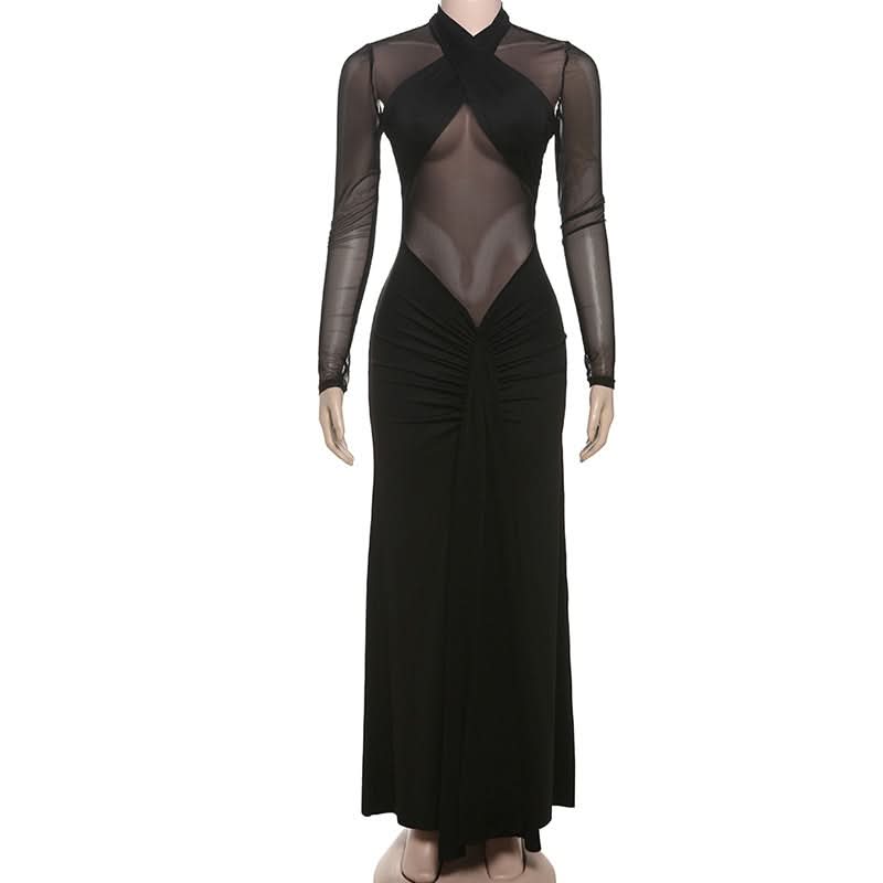 Alluring Black Sheer Mesh Maxi Dress - Elegant Long Sleeve Holiday & Evening Gown