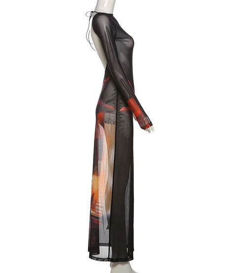 Mystical Eye Starfish Print Sheer Mesh Maxi Dress - Long Sleeve Bodycon for Edgy Fall & Halloween Style