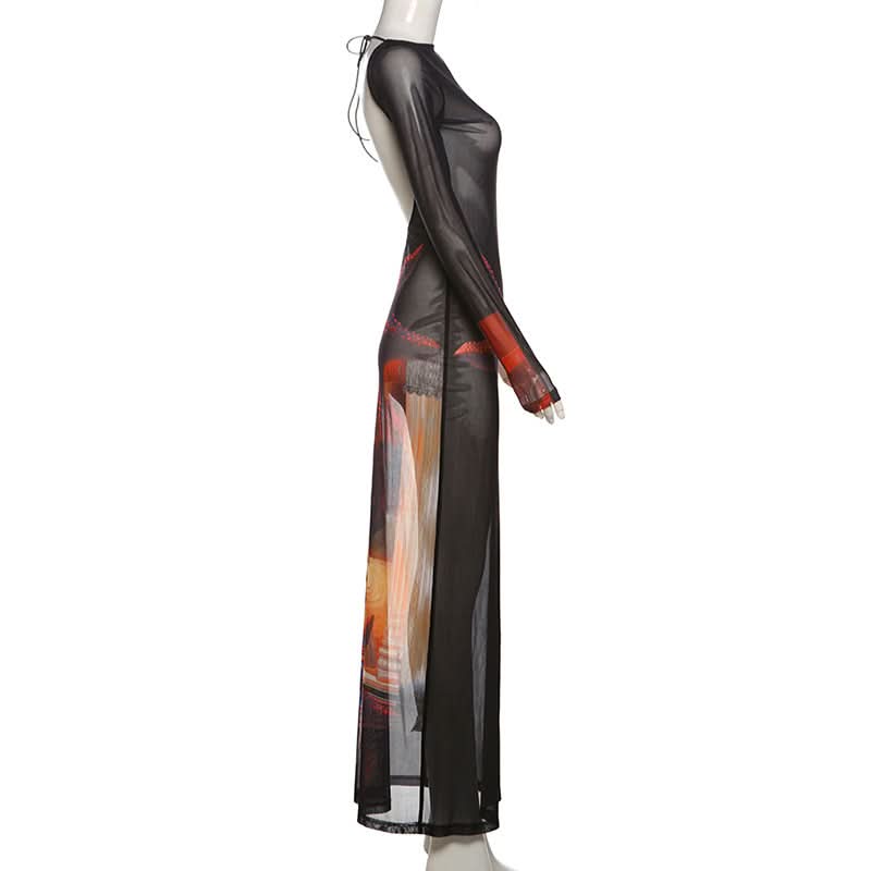 Mystical Eye Starfish Print Sheer Mesh Maxi Dress - Long Sleeve Bodycon for Edgy Fall & Halloween Style