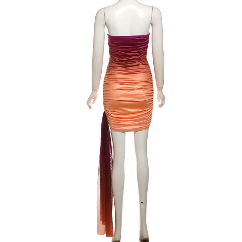 Twilight Ombre Ruched Strapless Mini Dress with Dramatic Drape