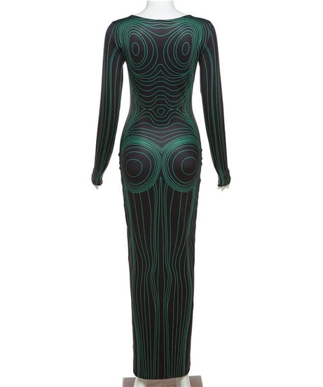 Sculpted Illusion Long Sleeve Maxi Dress - Futuristic Contour Bodycon for Fall