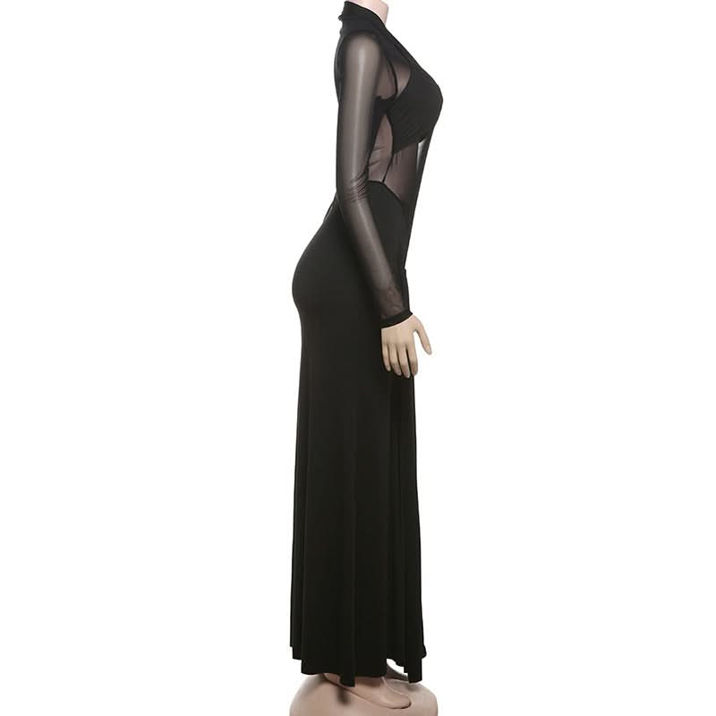 Alluring Black Sheer Mesh Maxi Dress - Elegant Long Sleeve Holiday & Evening Gown