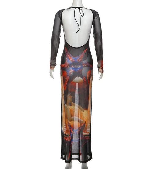 Mystical Eye Starfish Print Sheer Mesh Maxi Dress - Long Sleeve Bodycon for Edgy Fall & Halloween Style