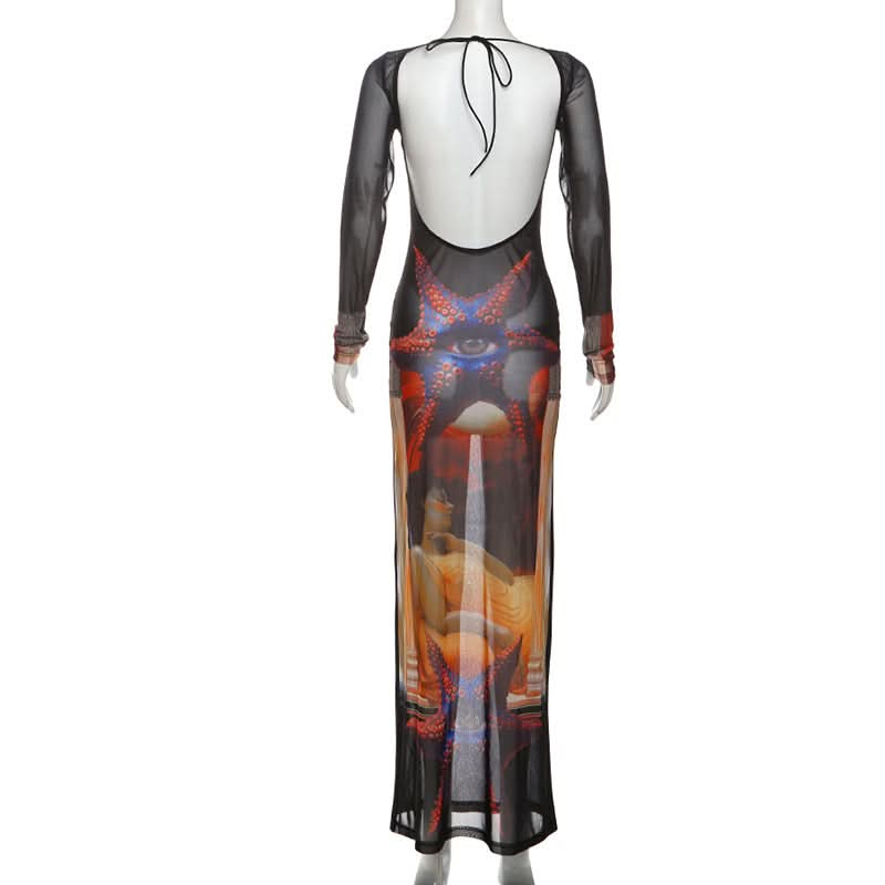 Mystical Eye Starfish Print Sheer Mesh Maxi Dress - Long Sleeve Bodycon for Edgy Fall & Halloween Style