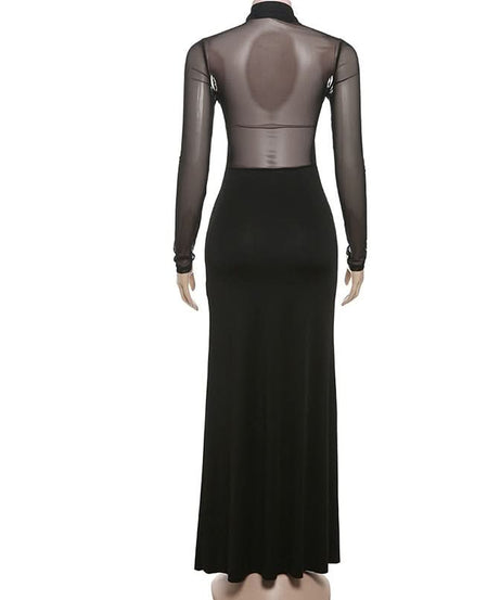 Alluring Black Sheer Mesh Maxi Dress - Elegant Long Sleeve Holiday & Evening Gown