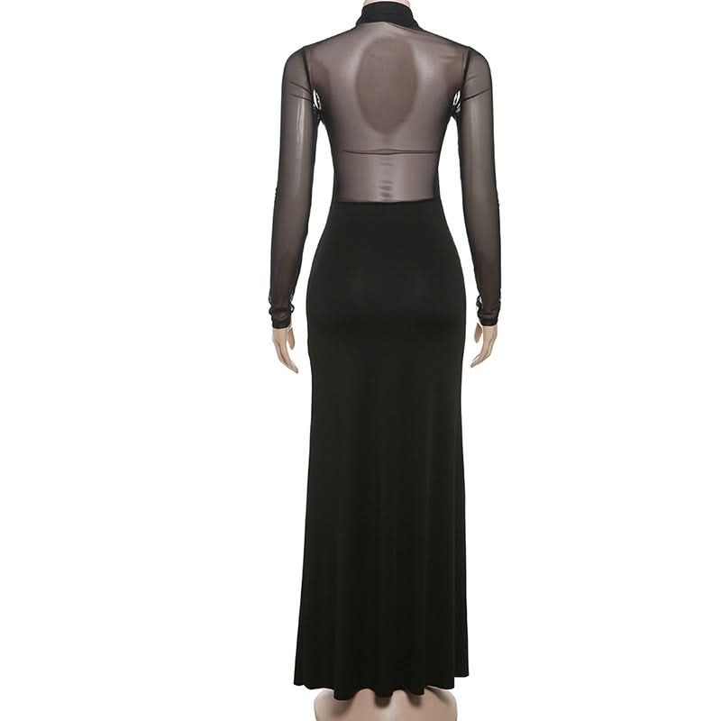Alluring Black Sheer Mesh Maxi Dress - Elegant Long Sleeve Holiday & Evening Gown