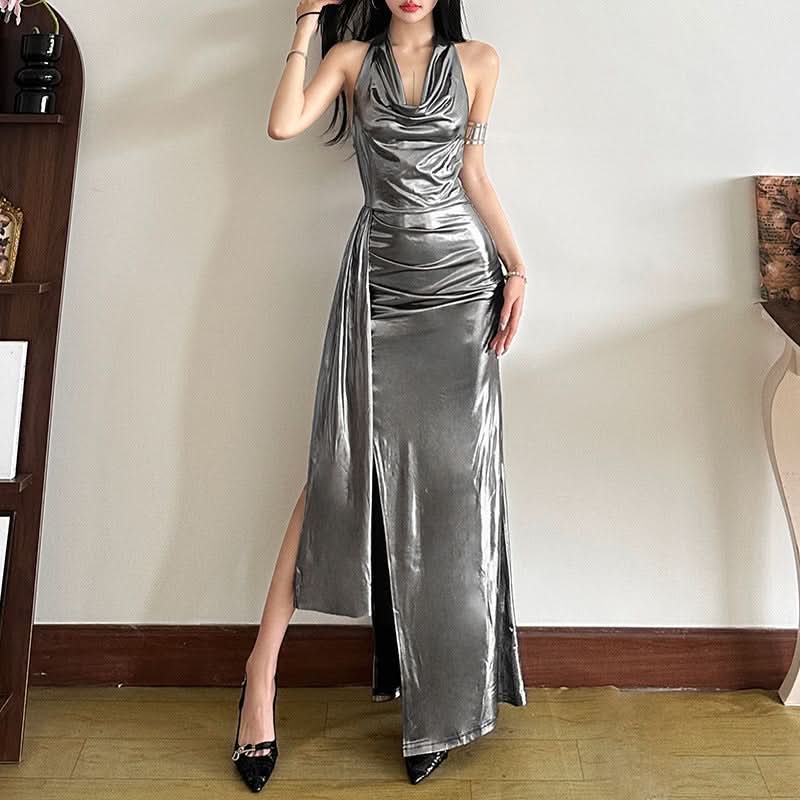 Radiant Metallic Halter Maxi Dress with Slit – Your Go-To for Festive Galas & New Year's Eve