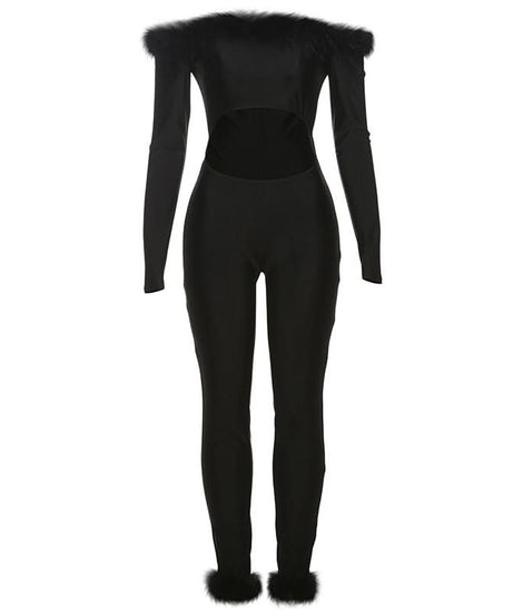 Fierce Feather Trim Off-Shoulder Jumpsuit with Cutout | Halloween & Fall Party Glam