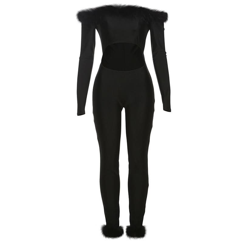 Fierce Feather Trim Off-Shoulder Jumpsuit with Cutout | Halloween & Fall Party Glam