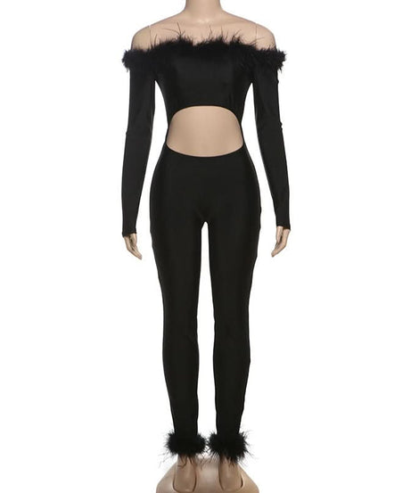 Fierce Feather Trim Off-Shoulder Jumpsuit with Cutout | Halloween & Fall Party Glam
