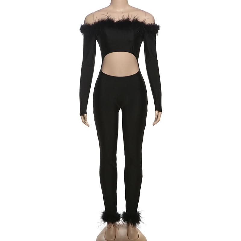 Fierce Feather Trim Off-Shoulder Jumpsuit with Cutout | Halloween & Fall Party Glam