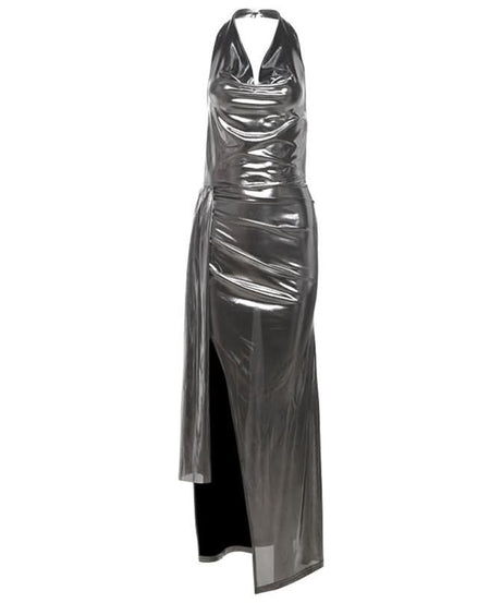 Radiant Metallic Halter Maxi Dress with Slit – Your Go-To for Festive Galas & New Year's Eve