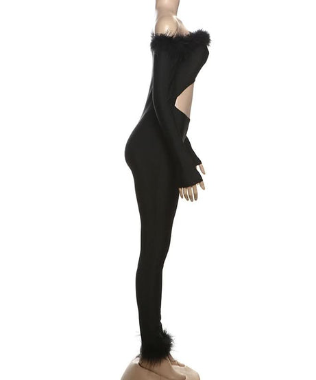 Fierce Feather Trim Off-Shoulder Jumpsuit with Cutout | Halloween & Fall Party Glam