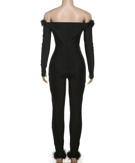 Fierce Feather Trim Off-Shoulder Jumpsuit with Cutout | Halloween & Fall Party Glam