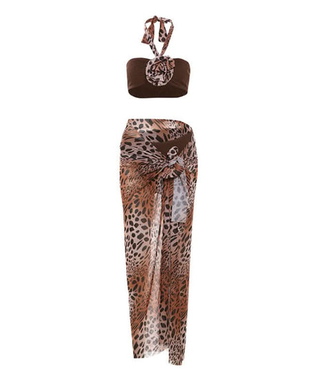 Chic Leopard Print 3-Piece Halter Bandeau & Mesh Maxi Skirt Set – Your Ultimate Vacation & Resort Wear
