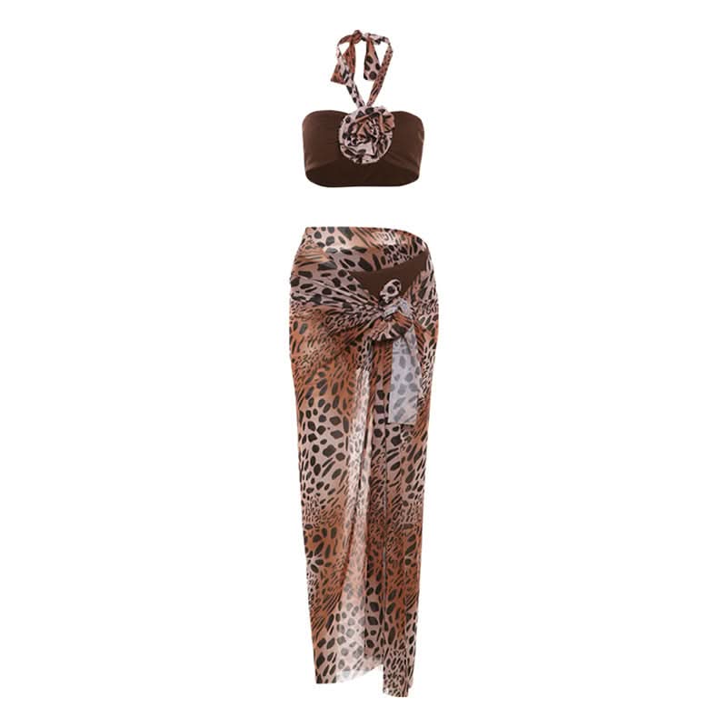 Chic Leopard Print 3-Piece Halter Bandeau & Mesh Maxi Skirt Set – Your Ultimate Vacation & Resort Wear
