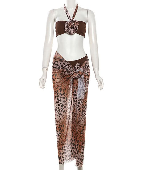 Chic Leopard Print 3-Piece Halter Bandeau & Mesh Maxi Skirt Set – Your Ultimate Vacation & Resort Wear