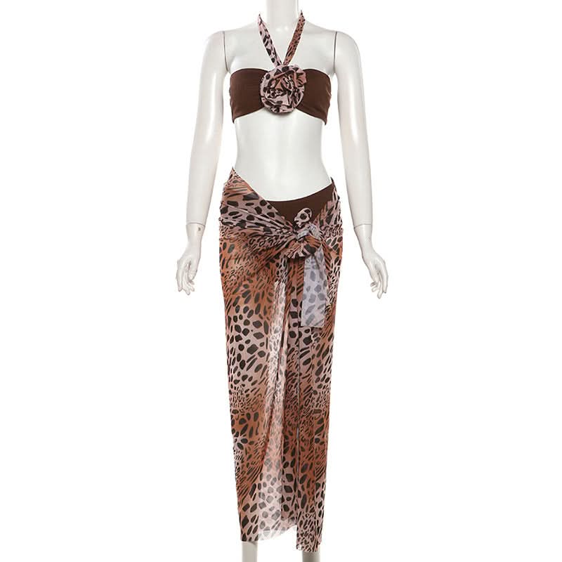 Chic Leopard Print 3-Piece Halter Bandeau & Mesh Maxi Skirt Set – Your Ultimate Vacation & Resort Wear