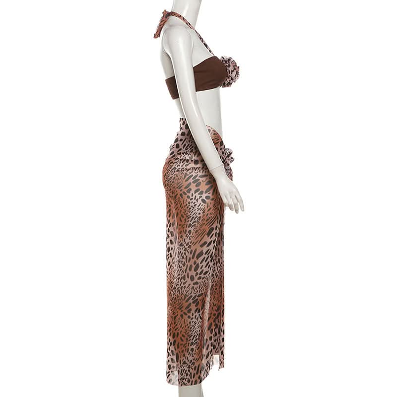 Chic Leopard Print 3-Piece Halter Bandeau & Mesh Maxi Skirt Set – Your Ultimate Vacation & Resort Wear