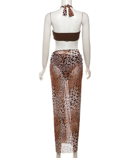 Chic Leopard Print 3-Piece Halter Bandeau & Mesh Maxi Skirt Set – Your Ultimate Vacation & Resort Wear