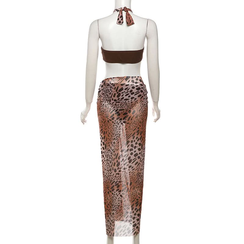 Chic Leopard Print 3-Piece Halter Bandeau & Mesh Maxi Skirt Set – Your Ultimate Vacation & Resort Wear