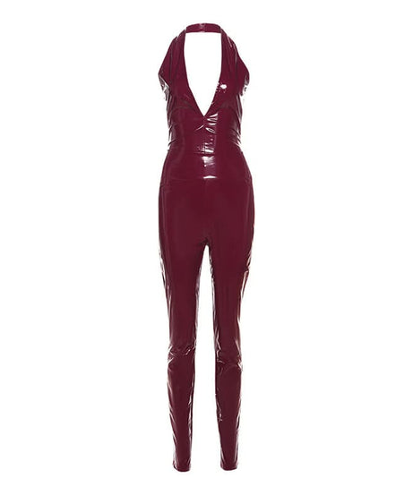 Unleash Your Inner Vixen: Sleek Burgundy Faux Leather Halter Jumpsuit for Fall & Halloween Glam