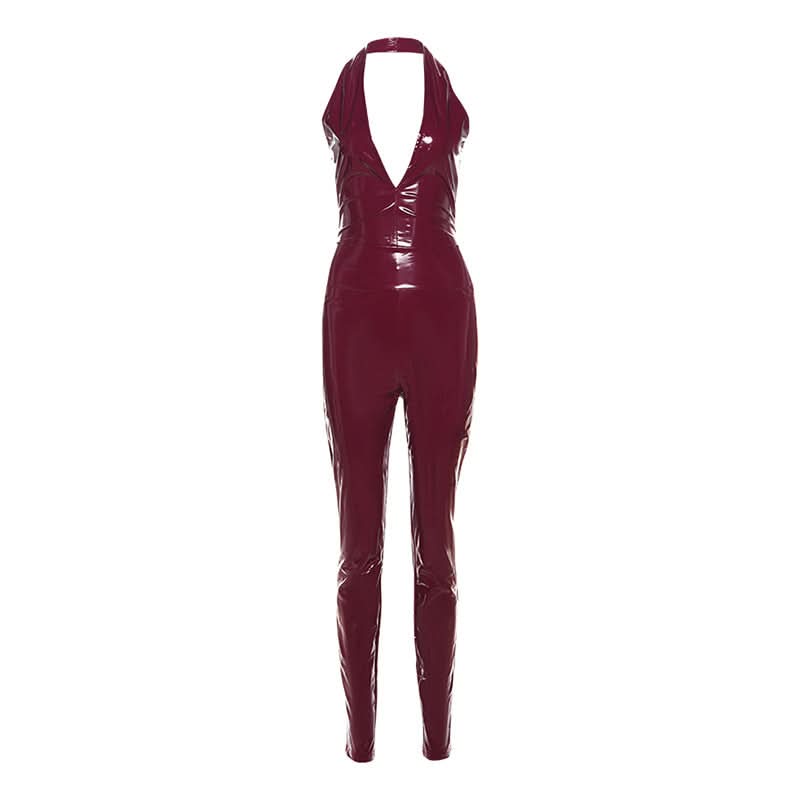 Unleash Your Inner Vixen: Sleek Burgundy Faux Leather Halter Jumpsuit for Fall & Halloween Glam