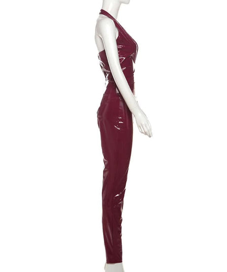 Unleash Your Inner Vixen: Sleek Burgundy Faux Leather Halter Jumpsuit for Fall & Halloween Glam