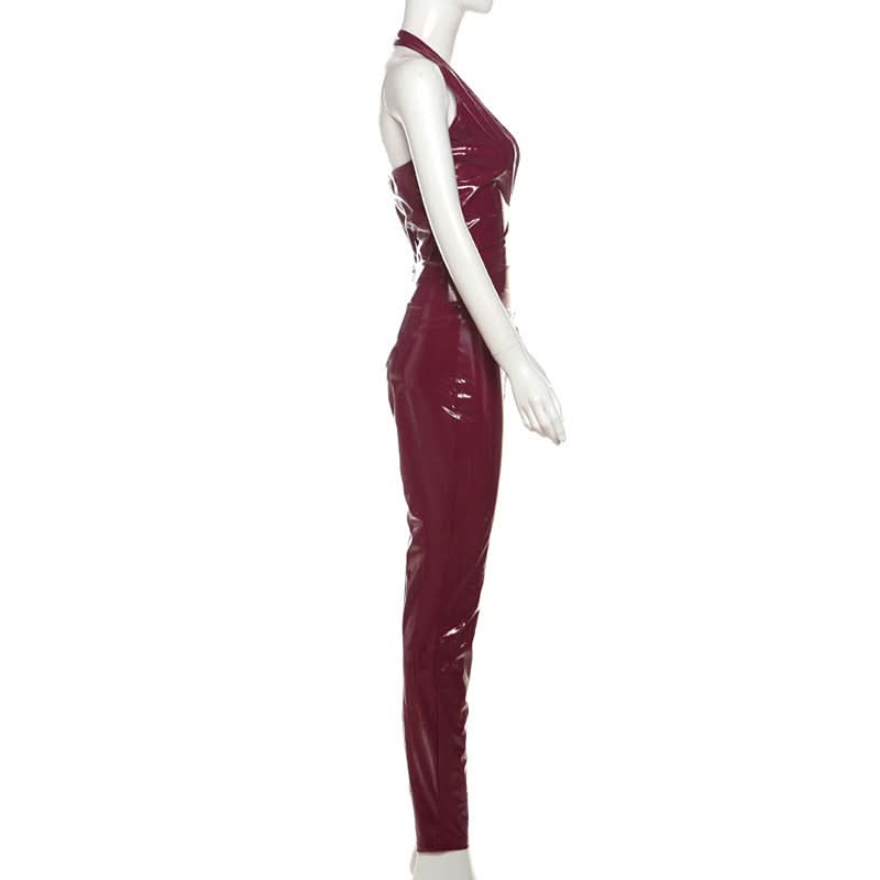 Unleash Your Inner Vixen: Sleek Burgundy Faux Leather Halter Jumpsuit for Fall & Halloween Glam