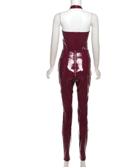Unleash Your Inner Vixen: Sleek Burgundy Faux Leather Halter Jumpsuit for Fall & Halloween Glam