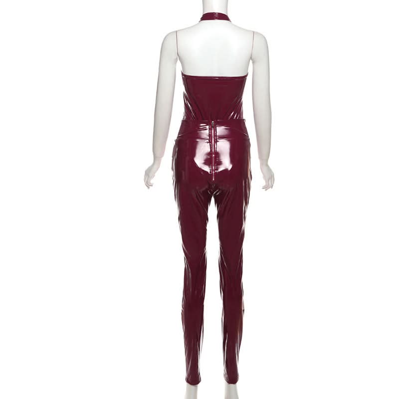 Unleash Your Inner Vixen: Sleek Burgundy Faux Leather Halter Jumpsuit for Fall & Halloween Glam