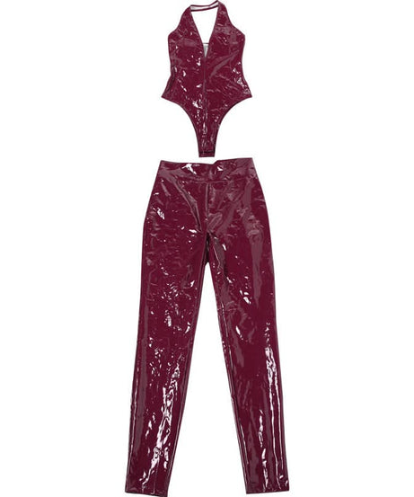 Unleash Your Inner Vixen: Sleek Burgundy Faux Leather Halter Jumpsuit for Fall & Halloween Glam